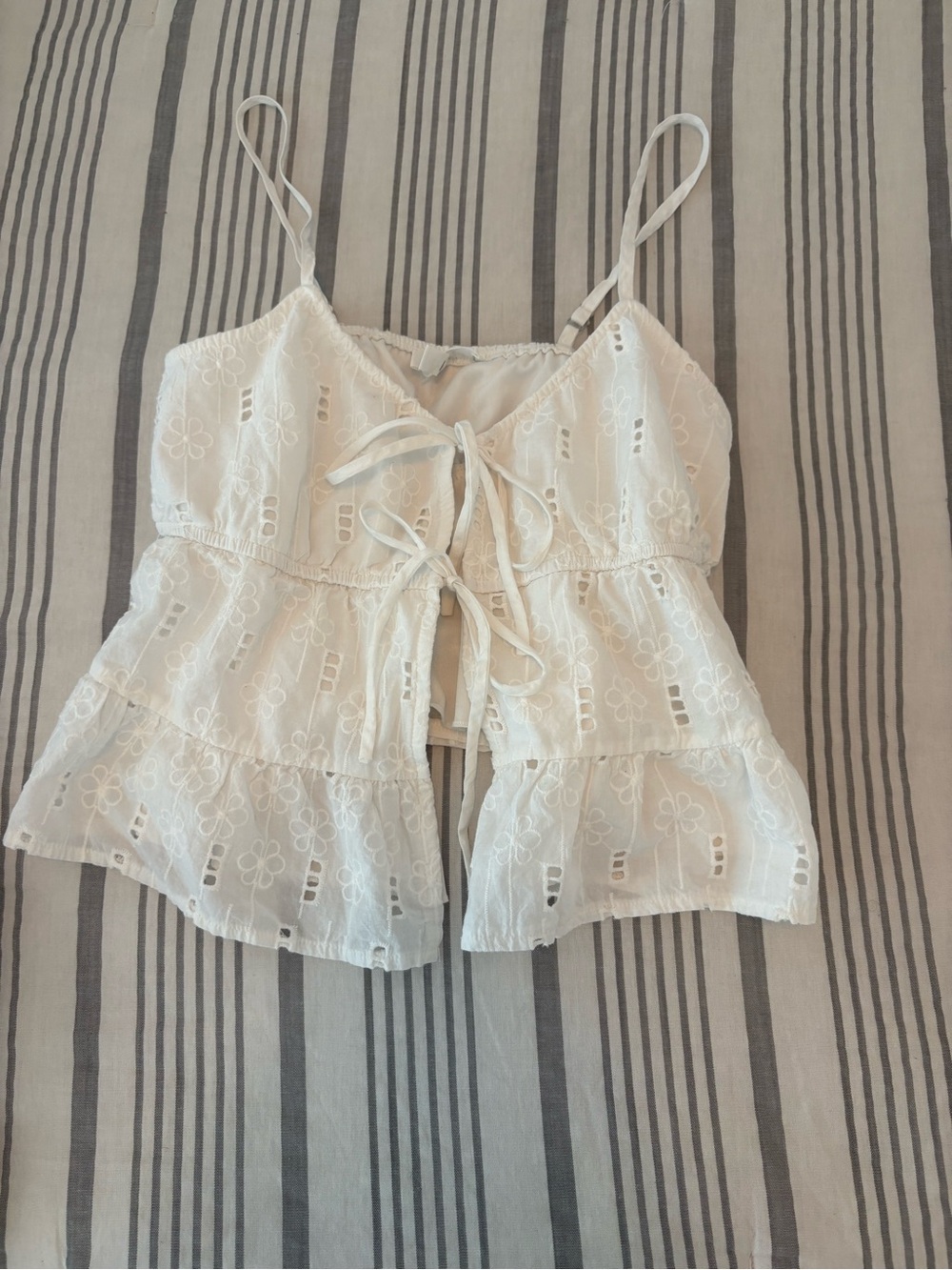 White Eyelet Tie-Front Ruffle Cami